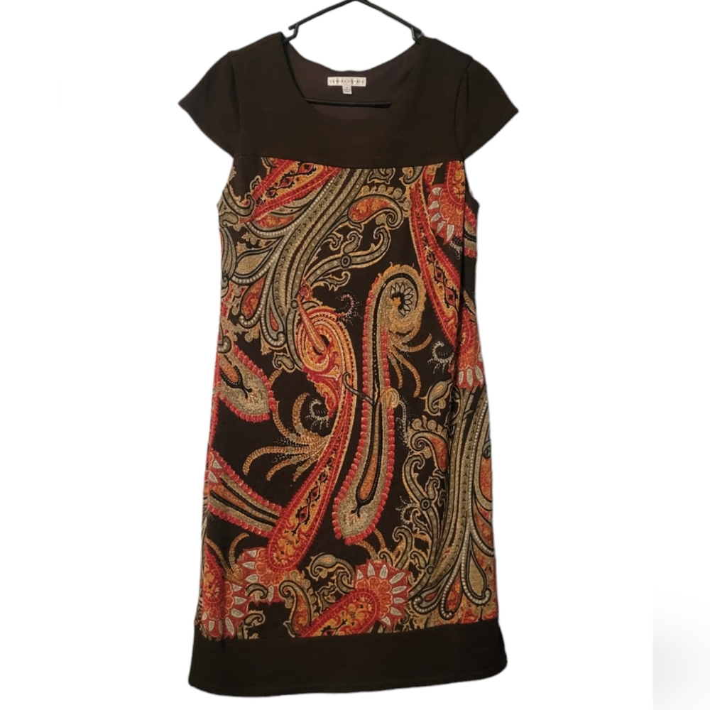 Sandra Darren Woman’s  Brown Paisley Print Knee Length Cap Sleeves Dress 6